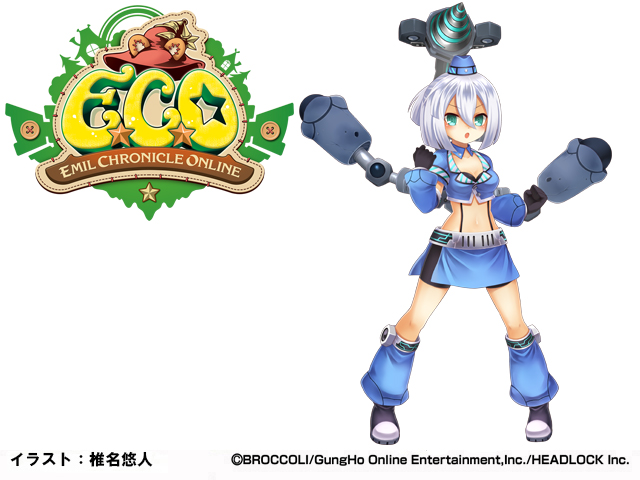 1girl, artist_name, bike_shorts, black_boots, black_bra, black_gloves, blue_collar, blue_eyes, blue_hat, blue_jacket, blue_skirt, blue_sleeves, blue_socks, boots, bra, collar, company_name, copyright_logo, copyright_notice, drill, emil_chronicle_online, foxtrot_b3_alma, gloves, hat, jacket, logo, navel, official_art, open_mouth, shiina_yuuto, skirt, socks, solo, underwear, white_background, white_hair