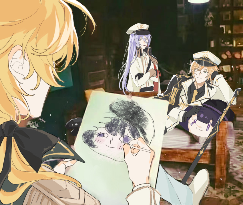 3boys, alkaid_mcgrath, alkaid_mcgrath_(infinite_empire), benzi169, black_cape, black_gloves, black_ribbon, blonde_hair