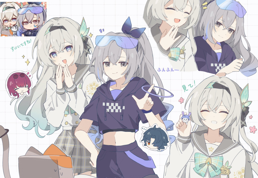 2girls, ^_^, blade_(honkai:_star_rail), bow, checkered_clothes, closed_eyes, commentary_request, cropped_hoodie