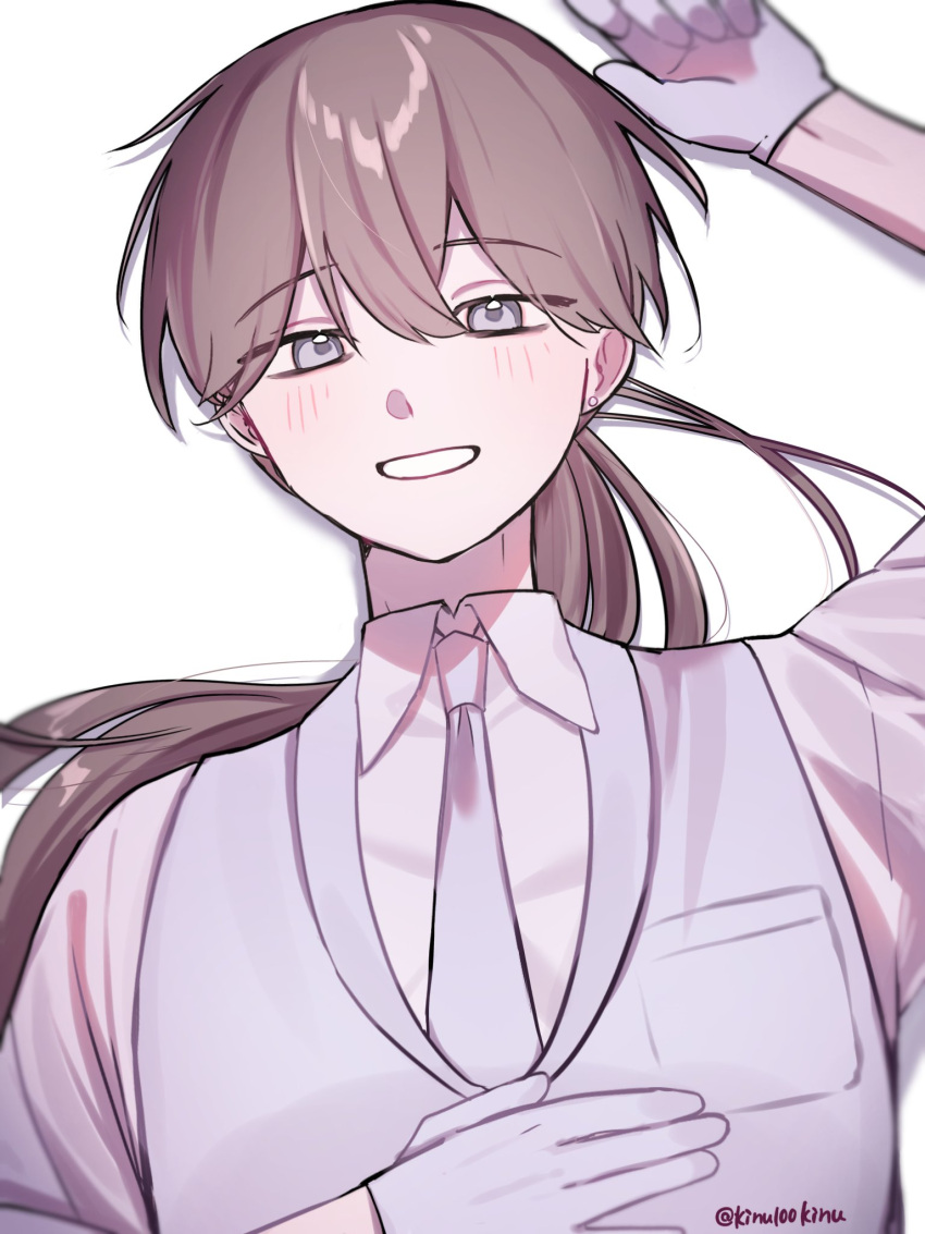 1boy, amano_mashiro, arm_up, blush, brown_hair, collared_shirt, commentary_request, dress_shirt