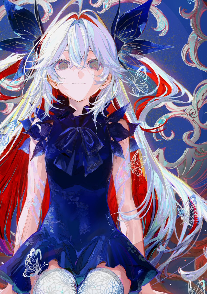 1girl, blue_background, blue_dress, bug, butterfly, butterfly_on_leg, colored_inner_hair, commentary_request