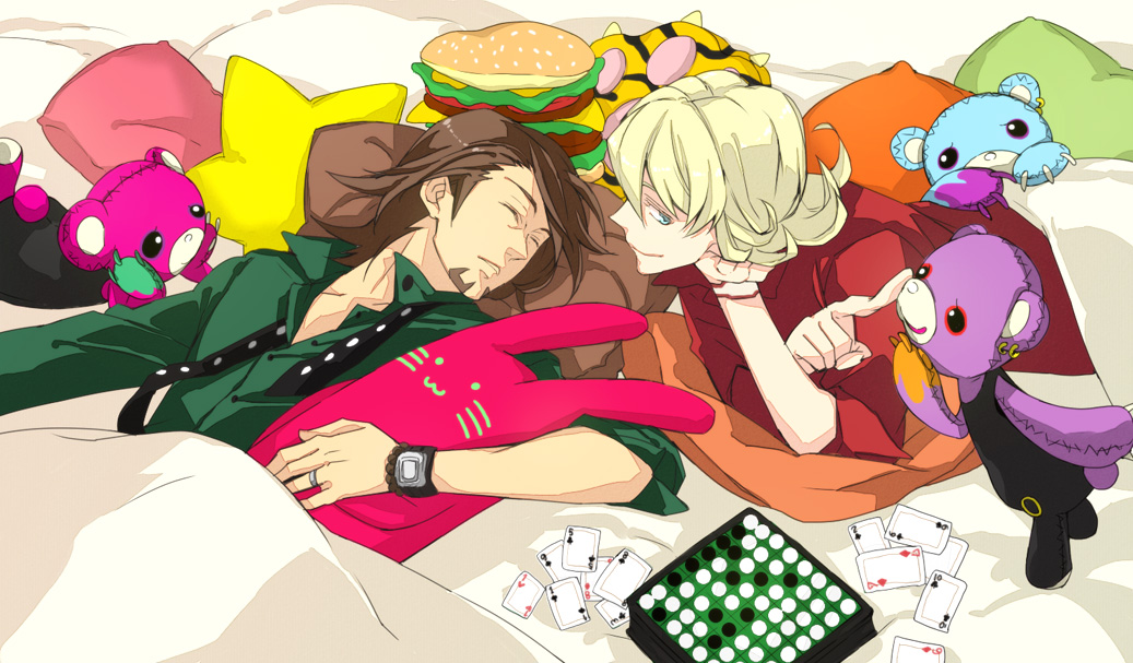 barnaby_brooks_jr, blonde_hair, bracelet, brown_hair, card, closed_eyes, eyes_closed, facial_hair