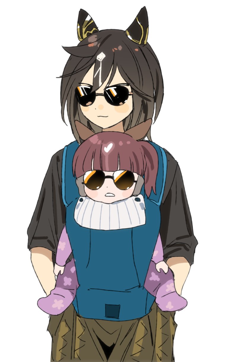 2girls, aged_down, animal_ears, baby_carrier, black_hair, black_shirt, blunt_bangs, brown_hair