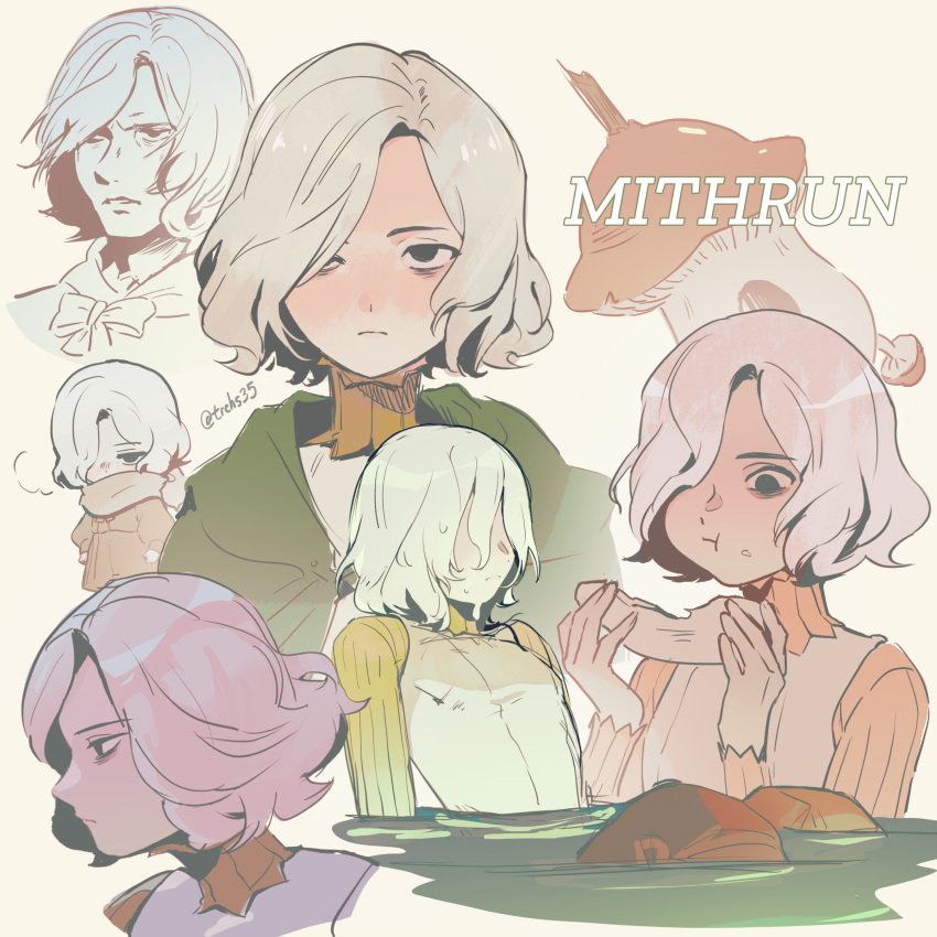 1boy, 69pou, absurdres, bags_under_eyes, black_eyes, cloak, commentary, dungeon_meshi, eating, elf, gorget, green_cloak, green_shirt, grey_hair, hair_over_one_eye, highres, hood, hooded_cloak, lazy_eye, long_sleeves, male_focus, mithrun, mithrun_(tallman), mushroom, notched_ear, pointy_ears, shirt, short_hair, solo_focus, tunic, uneven_eyes, wavy_hair