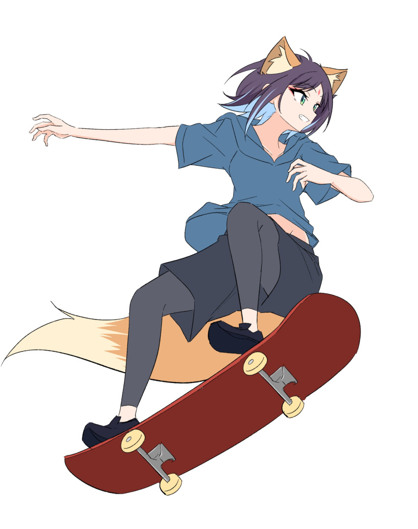 1girl, animal_ear_fluff, animal_ears, black_pants, black_shoes, black_shorts, blue_hair, blue_hoodie