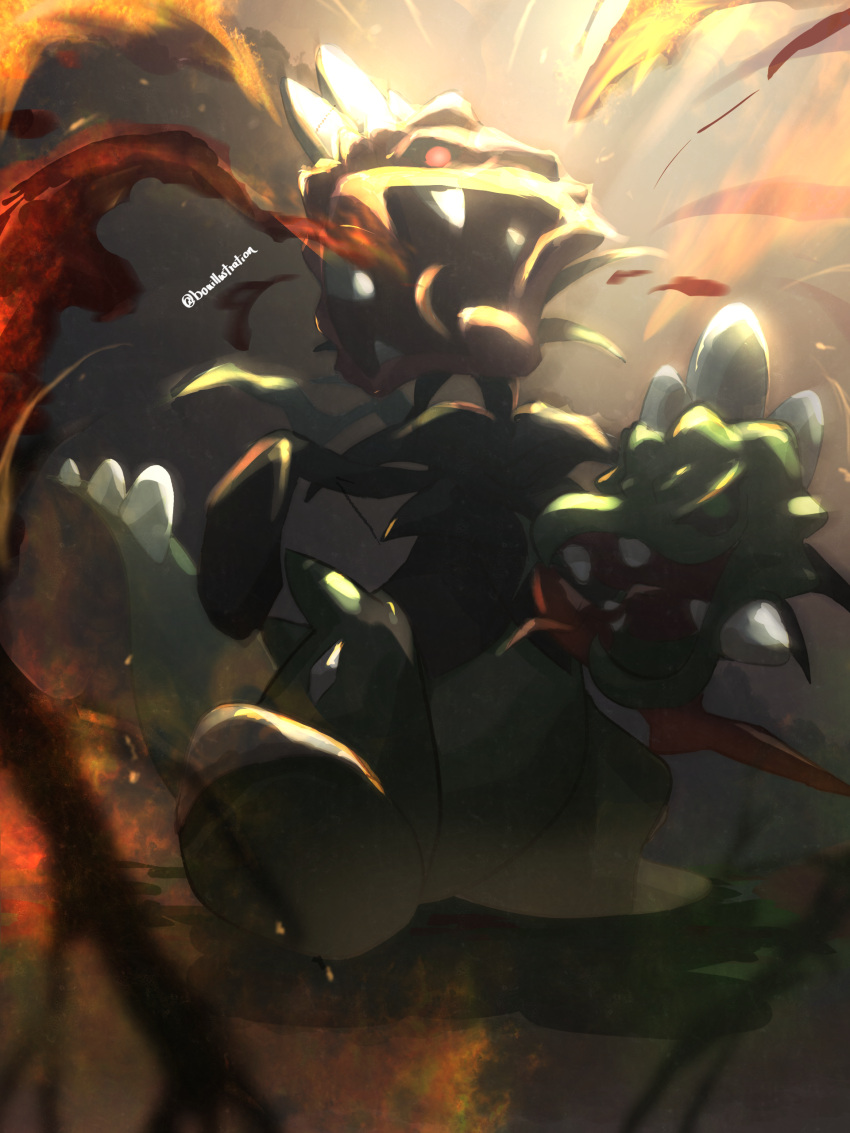 absurdres, bo_(bouillustration), claws, colored_skin, fangs, fire, green_skin, highres