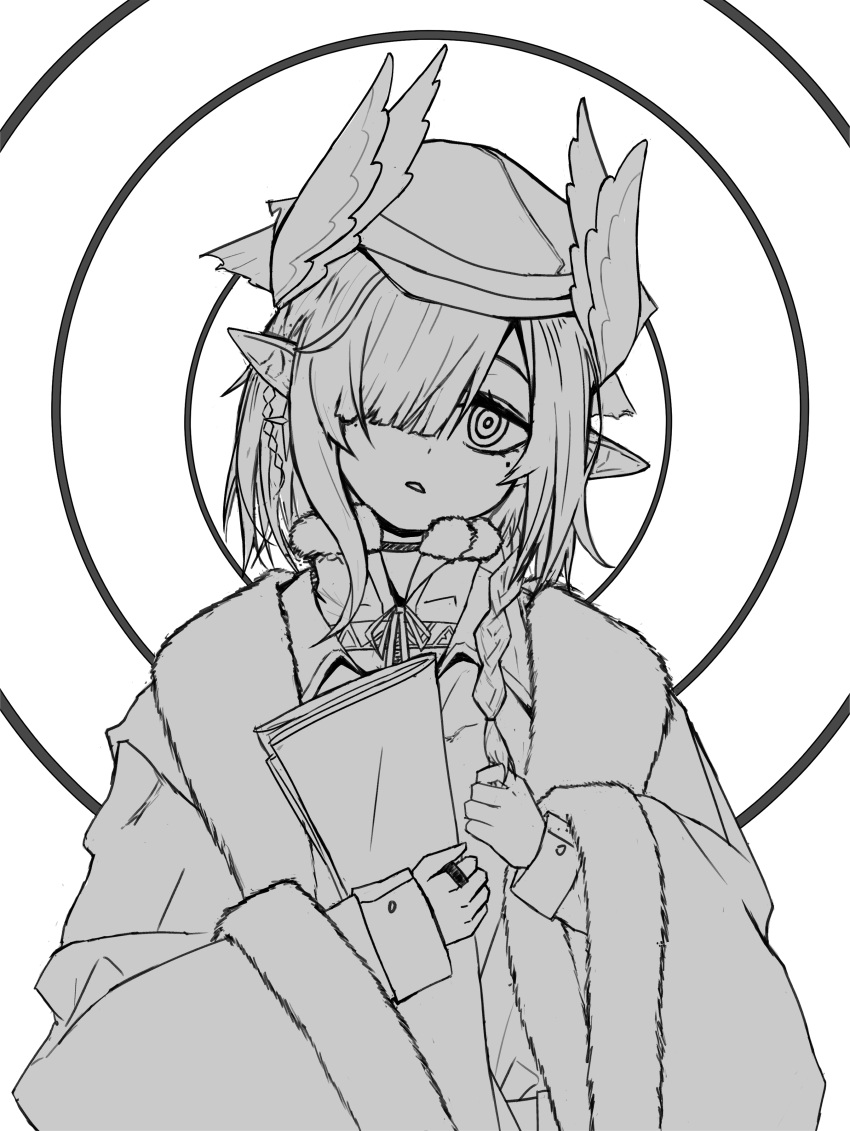 1girl, absurdres, arknights, braid, fur-trimmed_jacket, fur_trim, greyscale, hair_over_one_eye