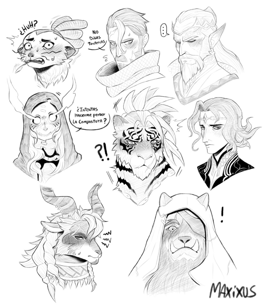 !, !?, ..., 6+boys, afk_(series), afk_journey, animal_ears, artist_name, bear_boy, blush, closed_eyes, closed_mouth, cyran_(afk), english_commentary, english_text, furry, furry_male, goat_boy, goat_horns, greyscale, highres, horns, kordan_(afk), korin_(afk), kruger_(afk), male_focus, maxixus1, meerkat_boy, meerkat_ears, monochrome, multiple_boys, nazrik_(afk), scar, scar_across_eye, scar_on_face, smokey_(afk), spanish_text, speech_bubble, spoken_ellipsis, squiggle, sweatdrop, thador_(afk), tiger_boy, tiger_ears, tiger_stripes, translation_request, viperian_(afk), white_background