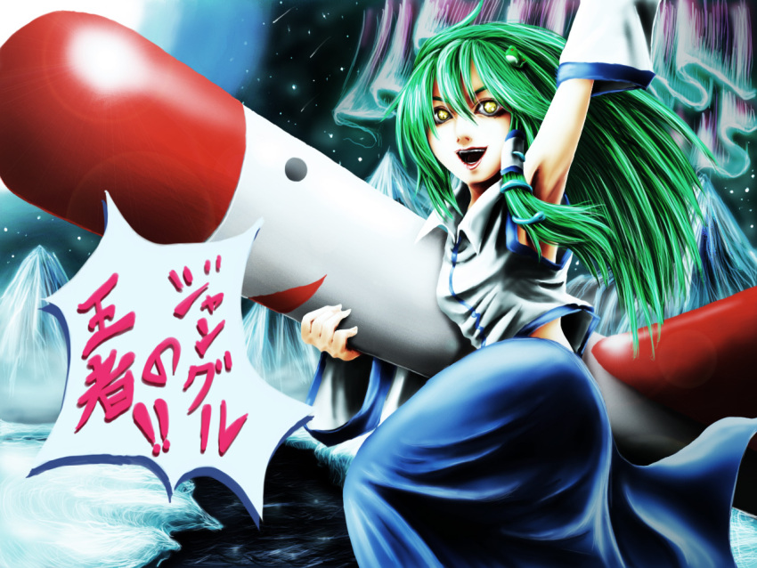 armpits, aurora, cielo_(zaki), cielozaki, crazy_eyes, detached_sleeves, frog, green_hair