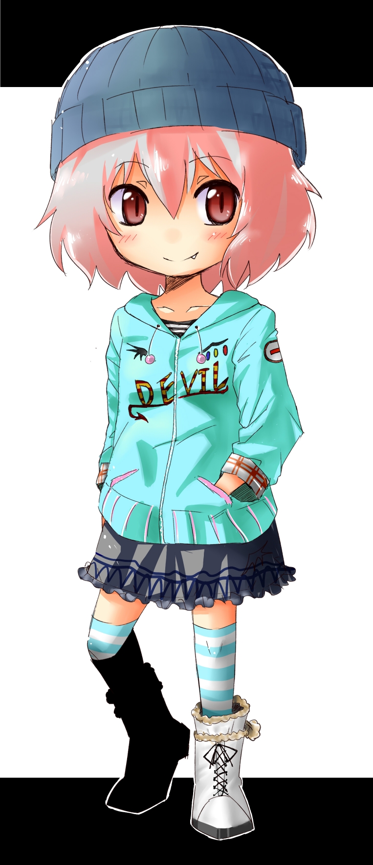 beanie, child, collarbone, contemporary, fang, hands_in_pockets, hat, highres, hoodie, oppao, pink_hair, red_eyes, remilia_scarlet, skirt, striped, striped_legwear, striped_socks, thighhighs, touhou