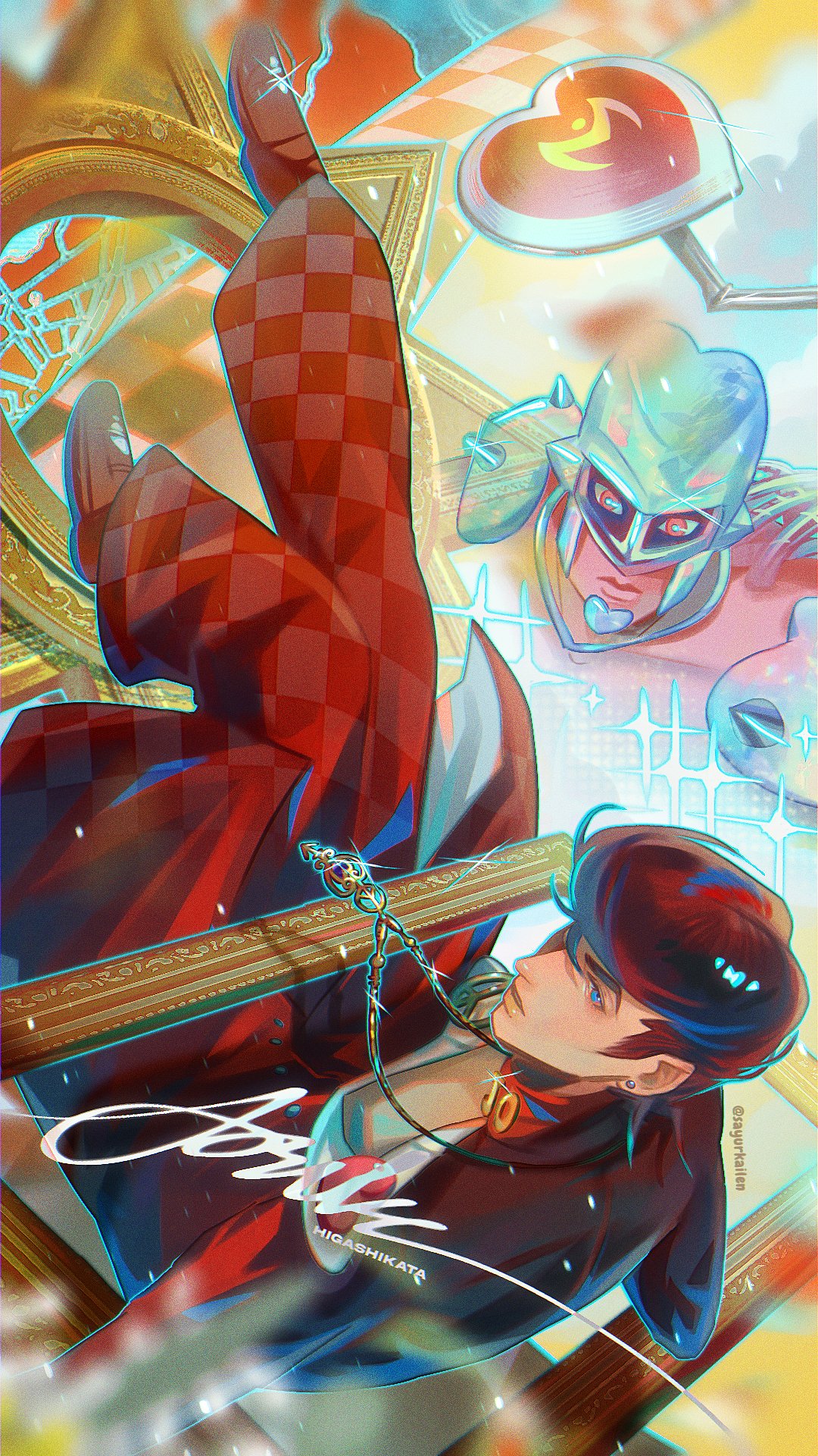 1boy, 1other, blue_eyes, closed_mouth, coat, colored_skin, commentary, crazy_diamond