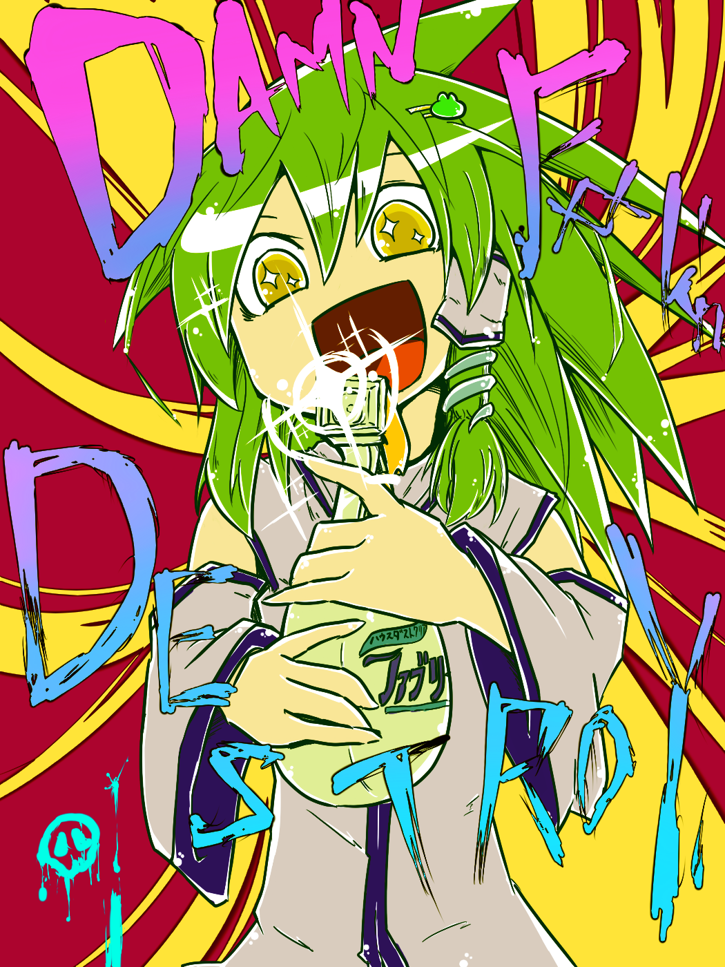 bottle, crazy_eyes, desaku, detached_sleeves, febreze, frog, green_hair, hair_ornament