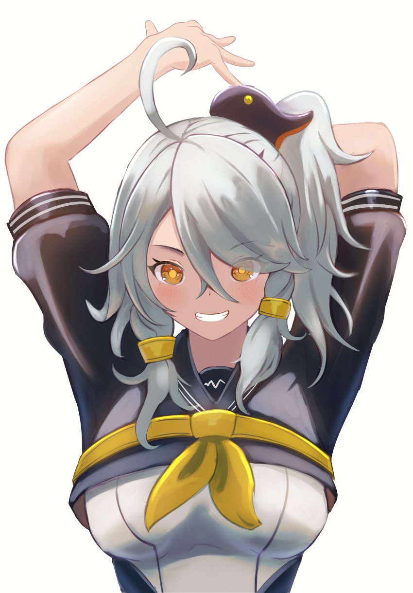 1girl, absurdres, ahoge, black_shirt, black_skirt, breasts, closed_mouth, eyes_visible_through_hair