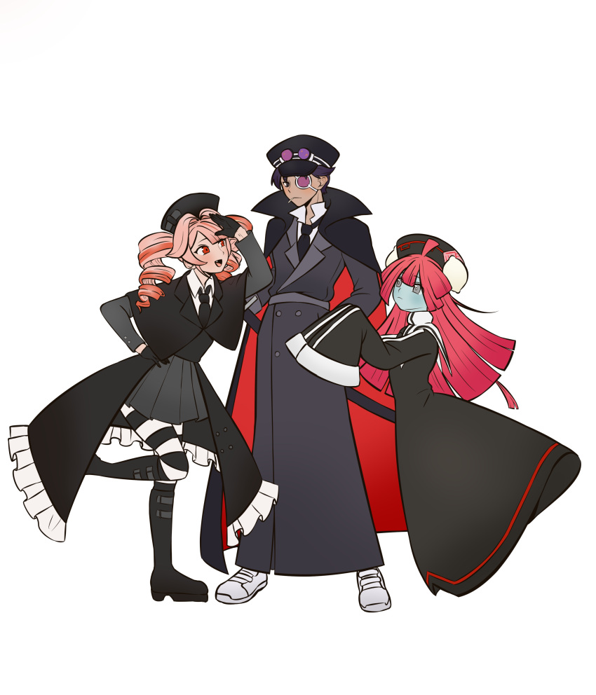 1boy, 2girls, absurdres, bacon_roll_cookie, black_gloves, black_hair, black_pudding_cookie, blue_skin, boots, cape, colored_skin, commentary_request, cookie_run, drill_hair, eyepatch, gloves, grey_eyes, grey_skirt, hat, highres, jerky_cookie, long_sleeves, luohe2001, multiple_girls, open_mouth, pink_hair, pleated_skirt, red_eyes, red_hair, skirt, socks, striped_clothes, striped_socks, suit, twin_drills, white_background