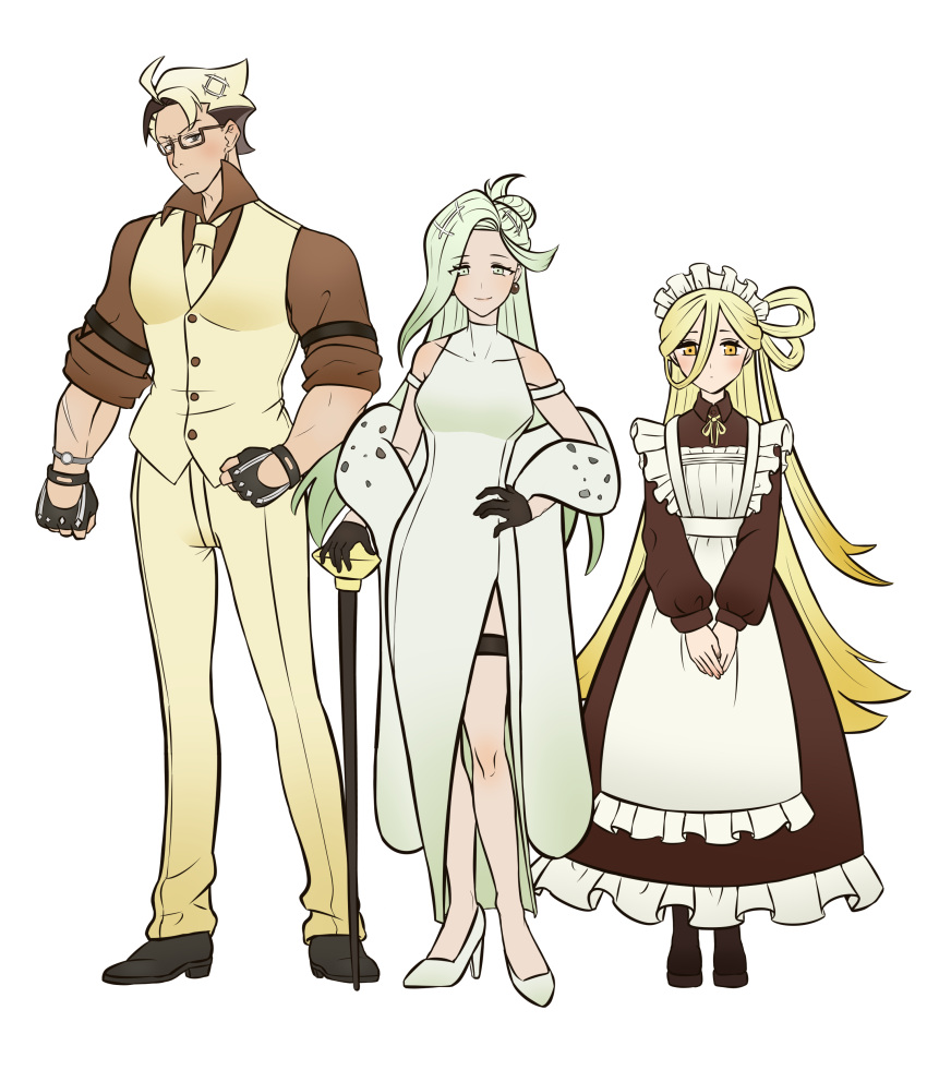 1boy, 2girls, absurdres, black_gloves, blonde_hair, brie_cheese_cookie, brown_eyes, camembert_cookie