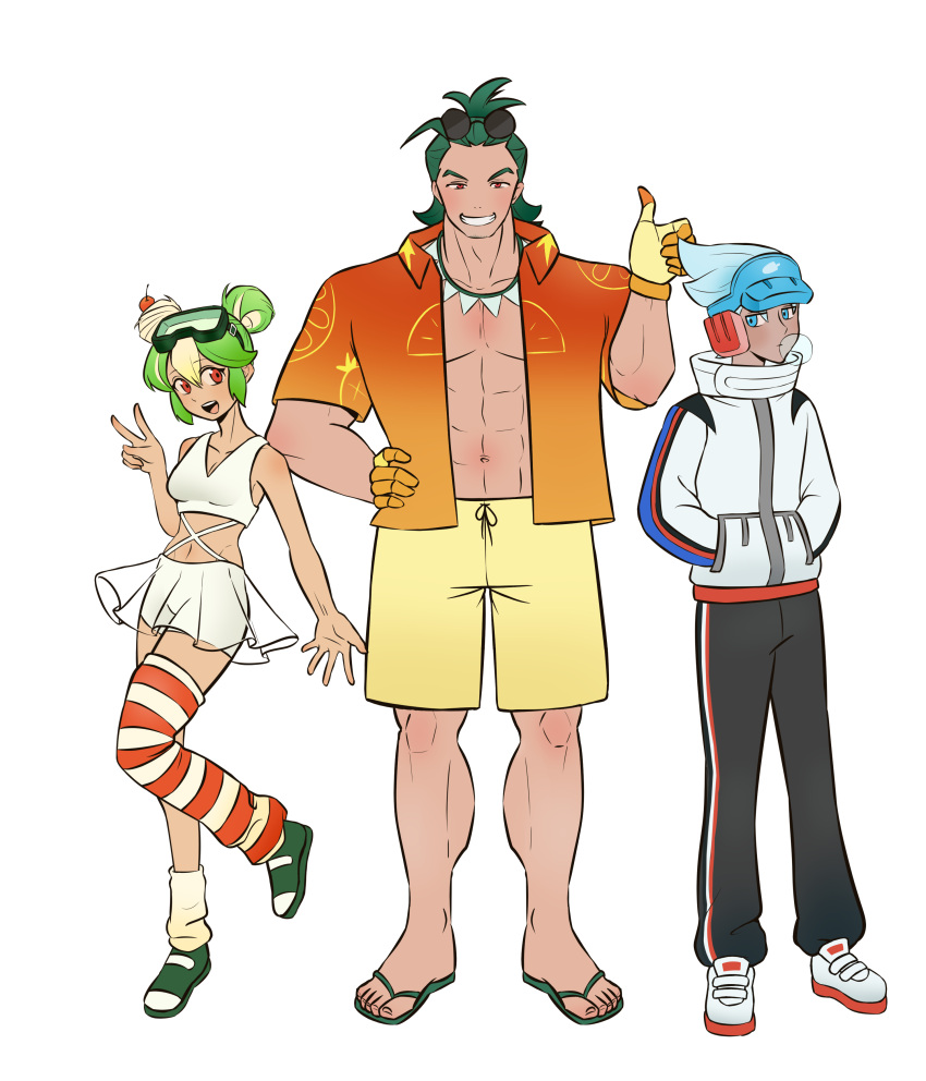 1girl, 2boys, absurdres, blue_eyes, blue_hair, chewing_gum, commentary_request, cookie_run