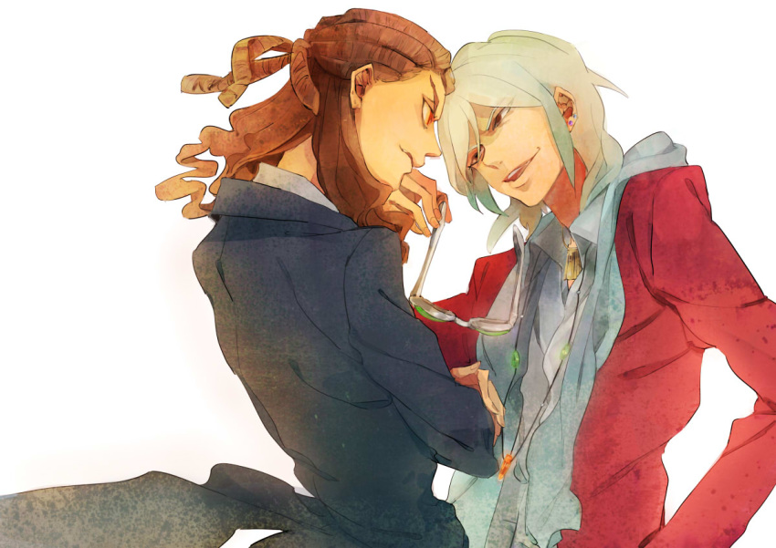 bad_id, blue_hair, brown_hair, crossed_arms, dreadlocks, earrings, formal, glasses