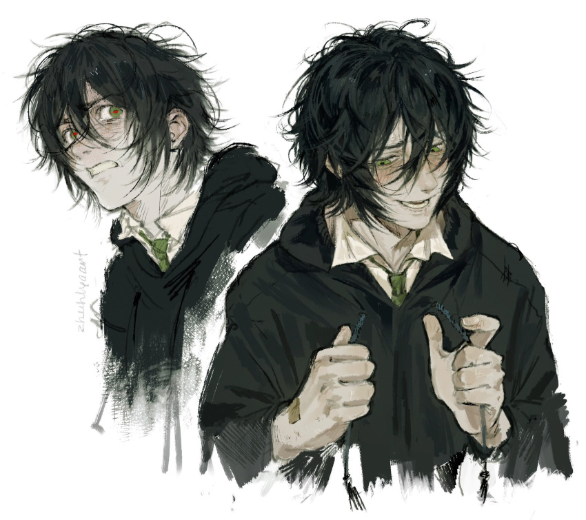 1boy, black_hair, black_hoodie, collared_shirt, commentary, degrees_of_lewdity, green_eyes, green_necktie