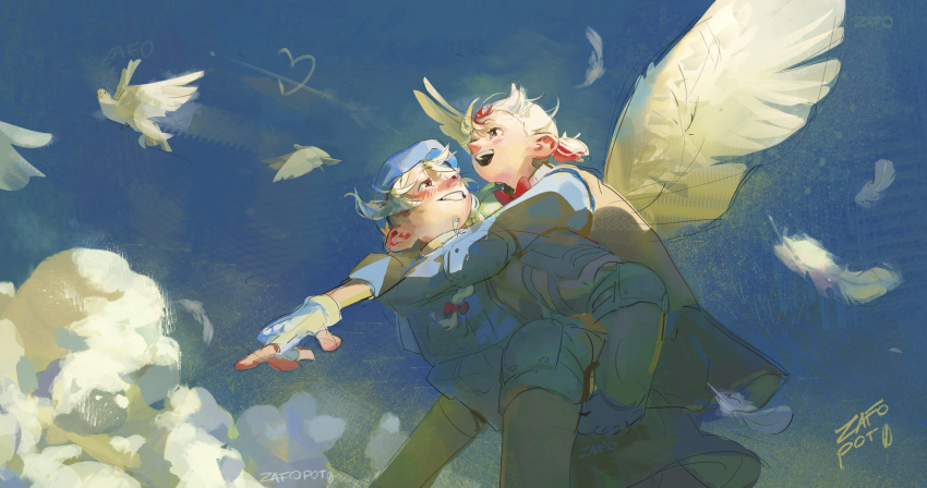 2girls, angel_wings, artist_name, beret, bird, blue_gloves, blue_hat, blue_skirt