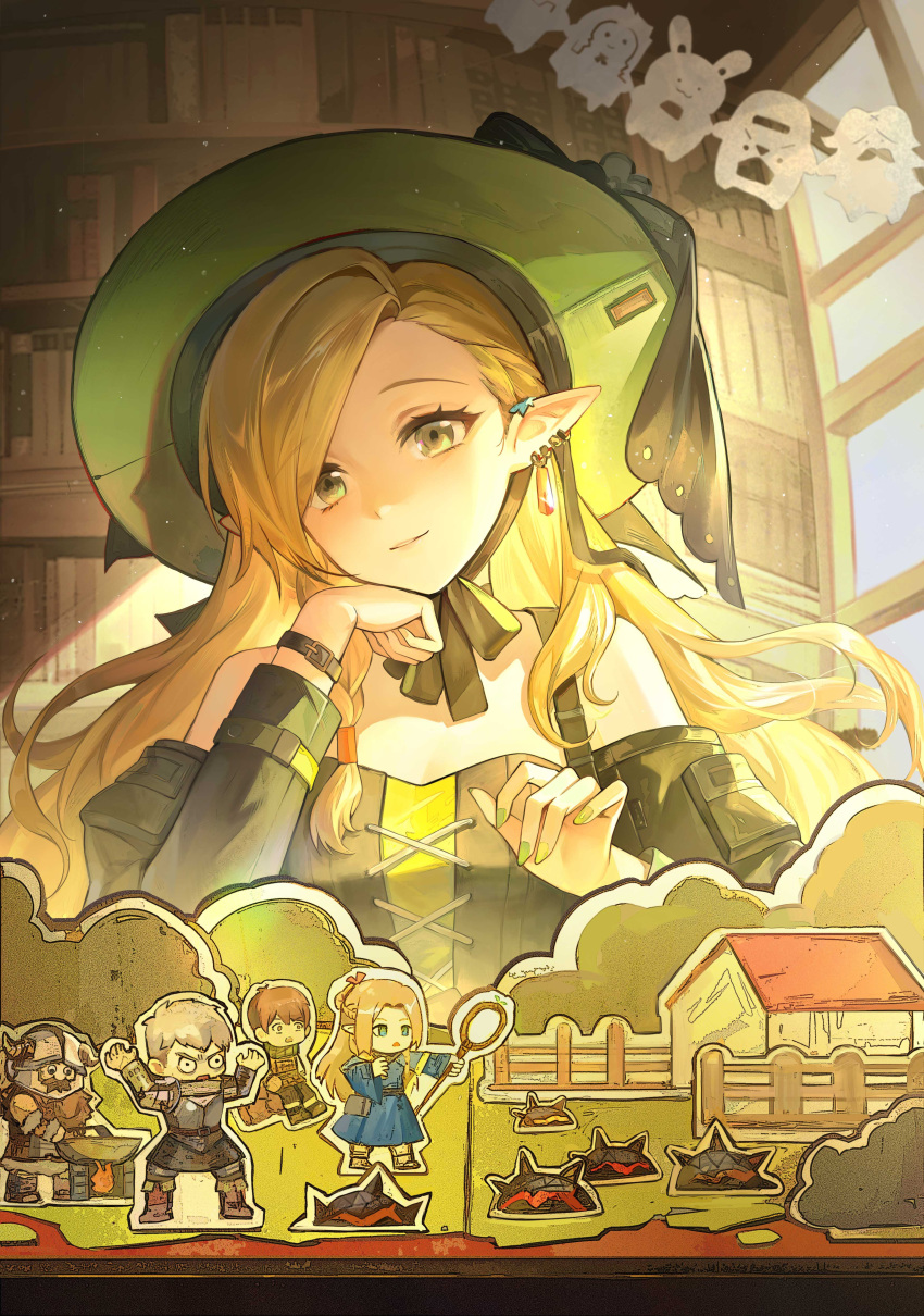 1girl, absurdres, arknights, bare_shoulders, black_dress, blonde_hair, bookshelf, braid