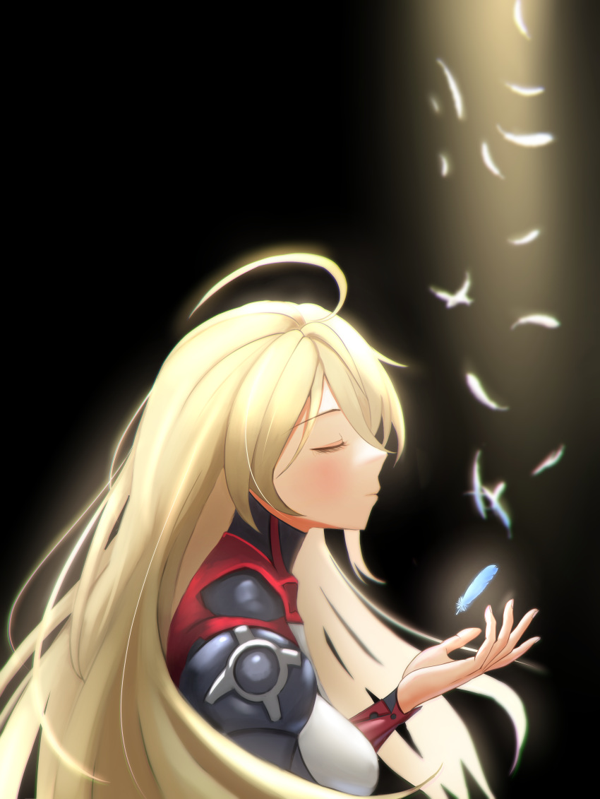 1girl, absurdres, black_background, blonde_hair, bodysuit, breasts, closed_eyes, closed_mouth