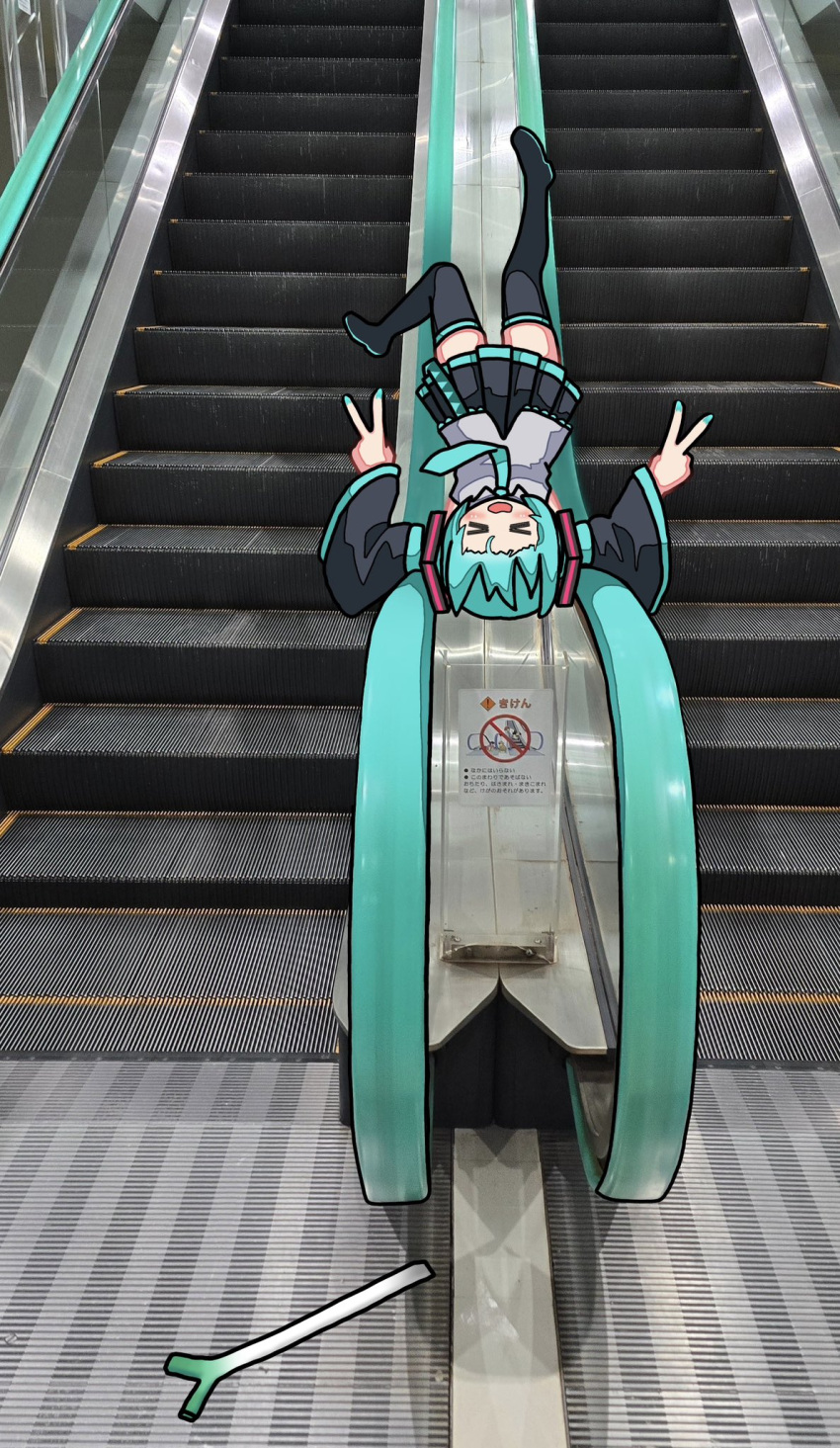 >_<, 1girl, 20xx_0x_x0, aqua_hair, aqua_nails, aqua_necktie, black_skirt, black_sleeves, commentary, double_v, escalator, grey_shirt, hatsune_miku, highres, long_hair, lying, necktie, on_back, open_mouth, photo_background, shirt, skirt, spring_onion, twintails, untranslatable_commentary, v, very_long_hair, vocaloid
