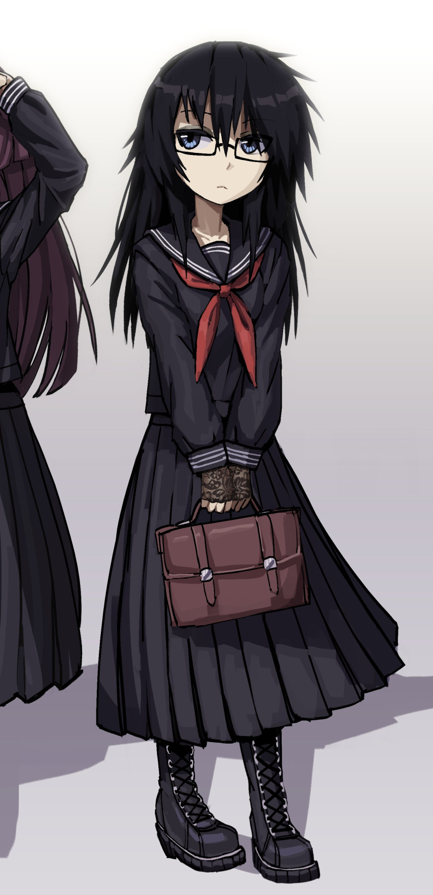 1girl, absurdres, bag, black_boots, black_hair, black_skirt, blue_eyes, boots