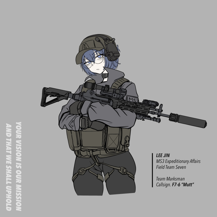 1girl, baseball, blue_hair, chest_rig, choker, glasses, grey_background, gun