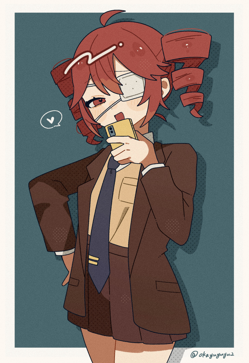 1girl, :d, ahoge, blue_necktie, blush, border, brown_jacket, brown_skirt
