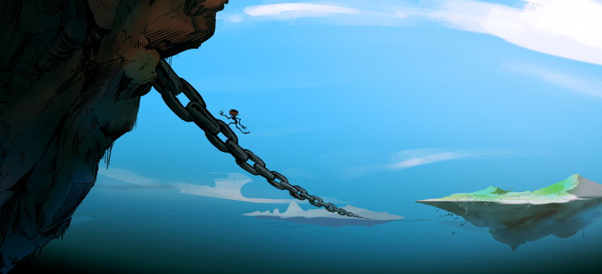 1other, absurdres, ambiguous_gender, anti.mp4, blue_sky, chain, commentary, creature, english_commentary, floating_island, highres, in-universe_location, object_head, outstretched_arm, running, scenery, shadow_slave, sky, solo, very_wide_shot