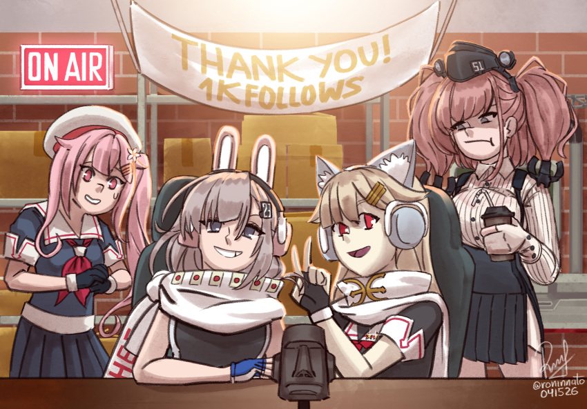 animal_ear_headphones, animal_ears, atlanta_(kancolle), black_gloves, black_serafuku, black_skirt, blonde_hair, breasts, cat_ear_headphones, cat_ears, chipped_teeth, collared_shirt, dated, dress_shirt, english_commentary, fake_animal_ears, gloves, grey_eyes, harusame_(kancolle), hat, headphones, highres, kantai_collection, large_breasts, milestone_celebration, pink_eyes, pleated_skirt, rabbit_ear_headphones, rabbit_ears, red_eyes, ron_(pixiv83091338), scarf, school_uniform, serafuku, shirt, side_ponytail, sign, signature, skirt, striped_clothes, striped_shirt, suspender_skirt, suspenders, thank_you, twitter_username, v, wahoo_(kancolle), wahoo_kai_(kancolle), white_hat, white_scarf, white_shirt, yuudachi_(kancolle), yuudachi_kai_ni_(kancolle)