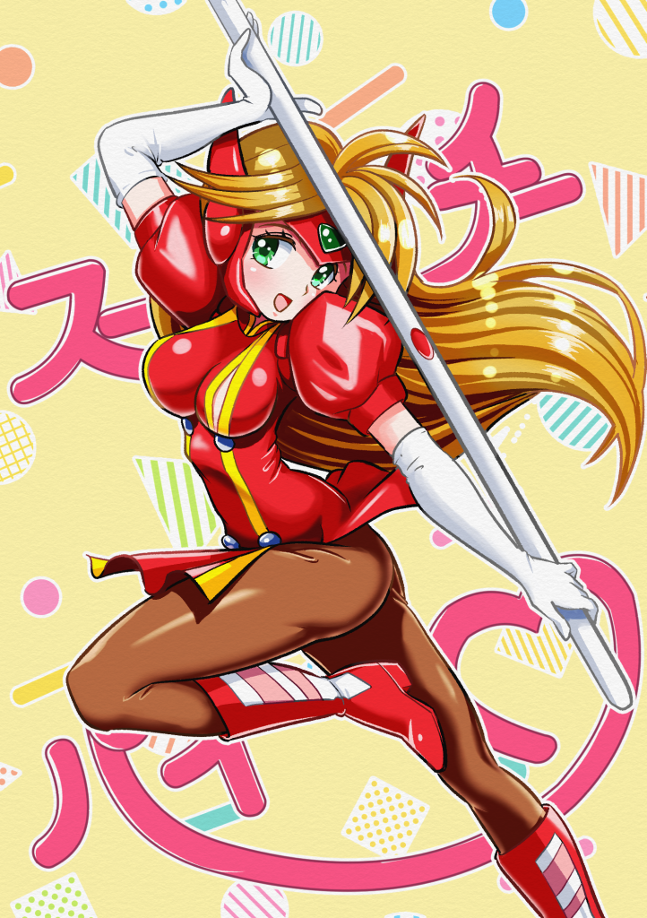 1girl, :d, abstract_background, arm_up, blonde_hair, blush, boots, breasts