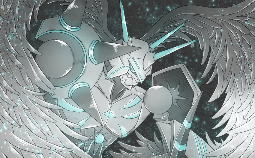 blue_eyes, blue_horns, commentary_request, dark_background, digimon, digimon_(creature), feathered_wings, highres