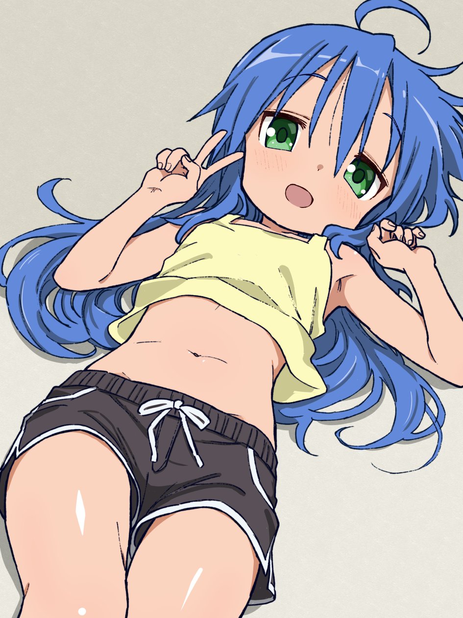 1girl, ahoge, armpits, arms_up, bare_shoulders, blue_hair, commentary_request, flat_chest, green_eyes, highres, hues_sunk, izumi_konata, loli, long_hair, looking_at_viewer, lucky_star, lying, mole, mole_under_eye, navel, on_back, open_mouth, shirt, shoes, shorts, simple_background, smile, sneakers, solo, stomach, thighs, v