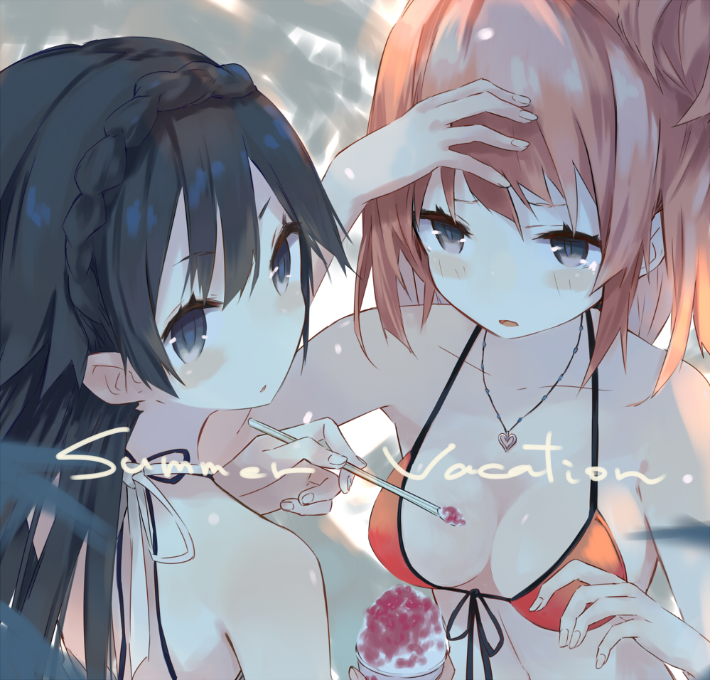 bikini, black_eyes, black_hair, blush, braid, breasts, cleavage, front-tie_top