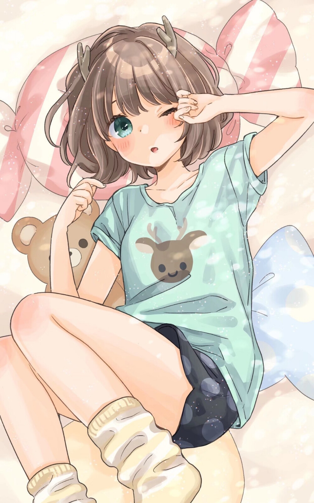 1girl, antlers, bedroom, black_shorts, blue_pillow, blush, brown_hair, deer_print, green_eyes, green_shirt, highres, horns, indie_utaite, kano_(utaite), loose_socks, lying, mizutamako, on_back, one_eye_closed, pillow, pink_pillow, polka_dot, polka_dot_shorts, rubbing_eyes, shirt, short_hair, shorts, simple_background, socks, solo, stretching, stuffed_animal, stuffed_toy, t-shirt, teddy_bear, utaite, winking_(animated), yellow_socks