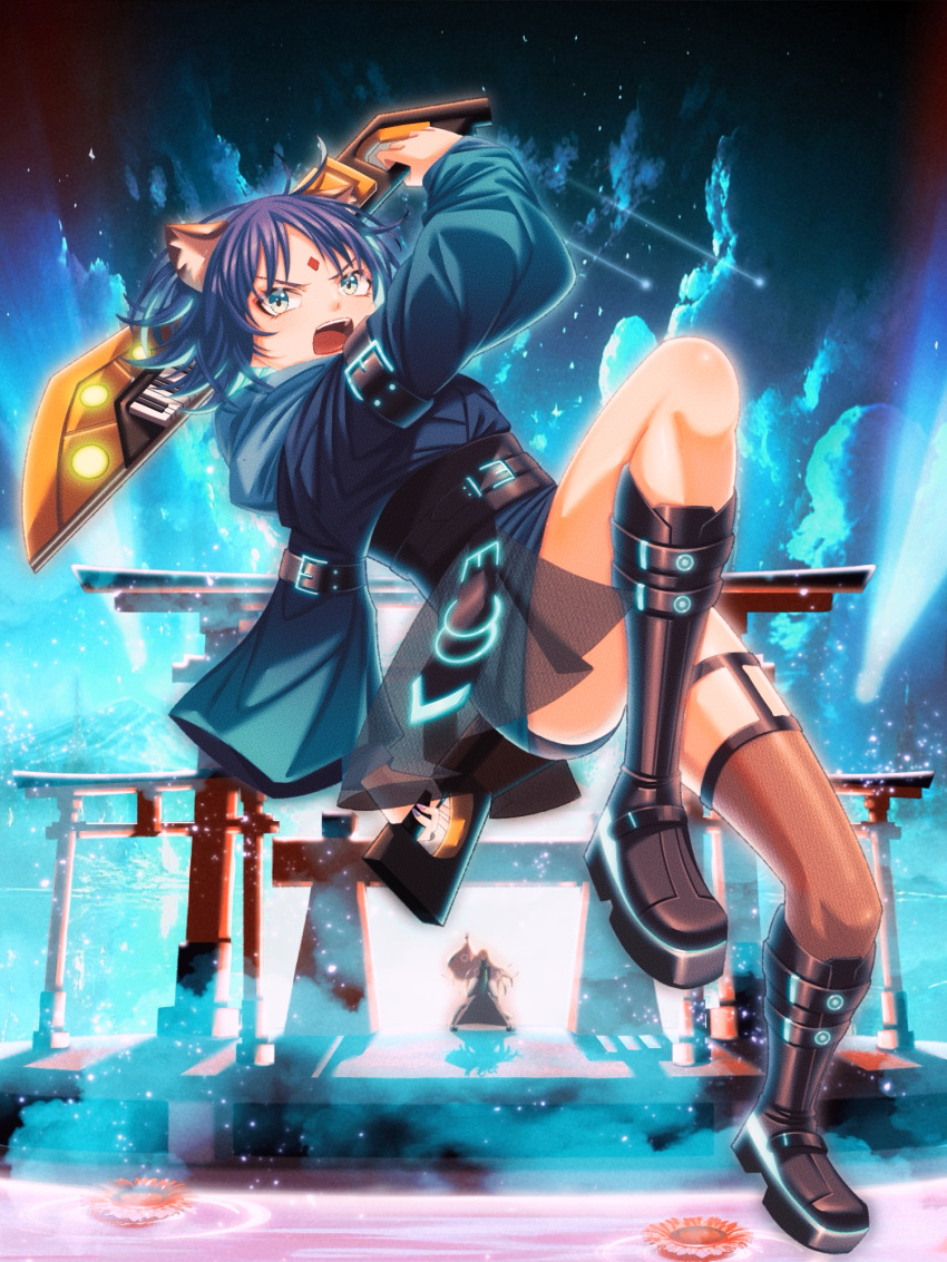2girls, animal_ears, arm_up, black_boots, blonde_hair, blue_hair, blue_kimono, boots