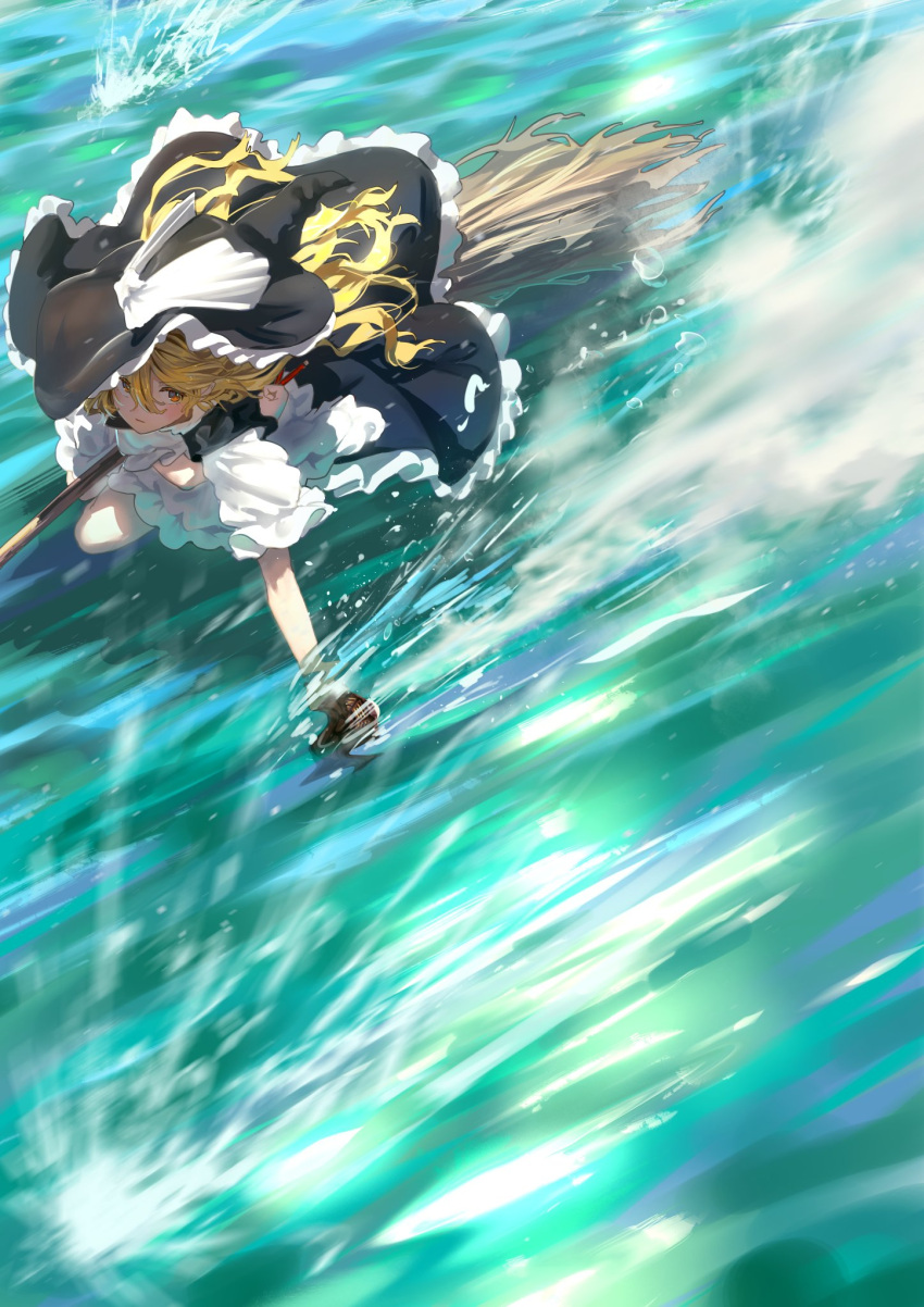 1girl, black_dress, black_hat, blonde_hair, bow, broom, broom_riding, commentary_request