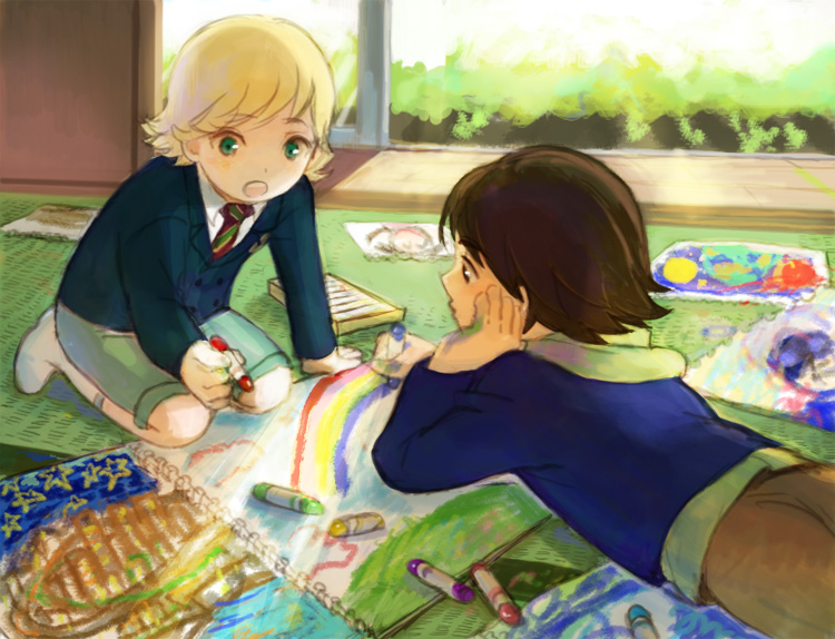 bad_id, barnaby_brooks_jr, blonde_hair, brown_eyes, brown_hair, child, crayon, drawing