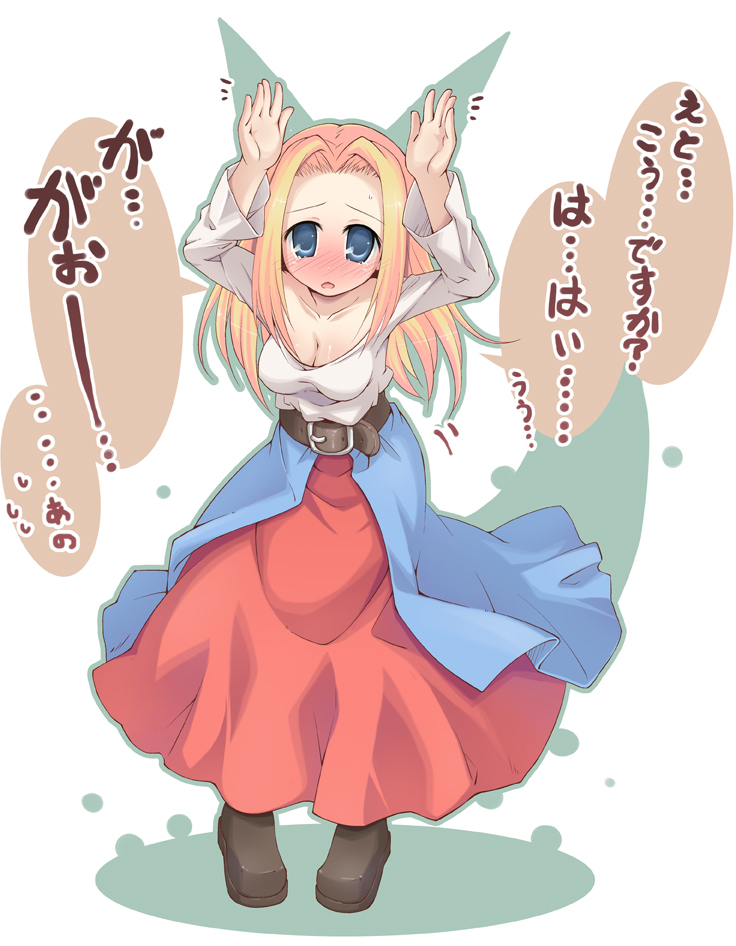 belt, blonde_hair, blue_eyes, blush, breasts, cleavage, dress, final_fantasy
