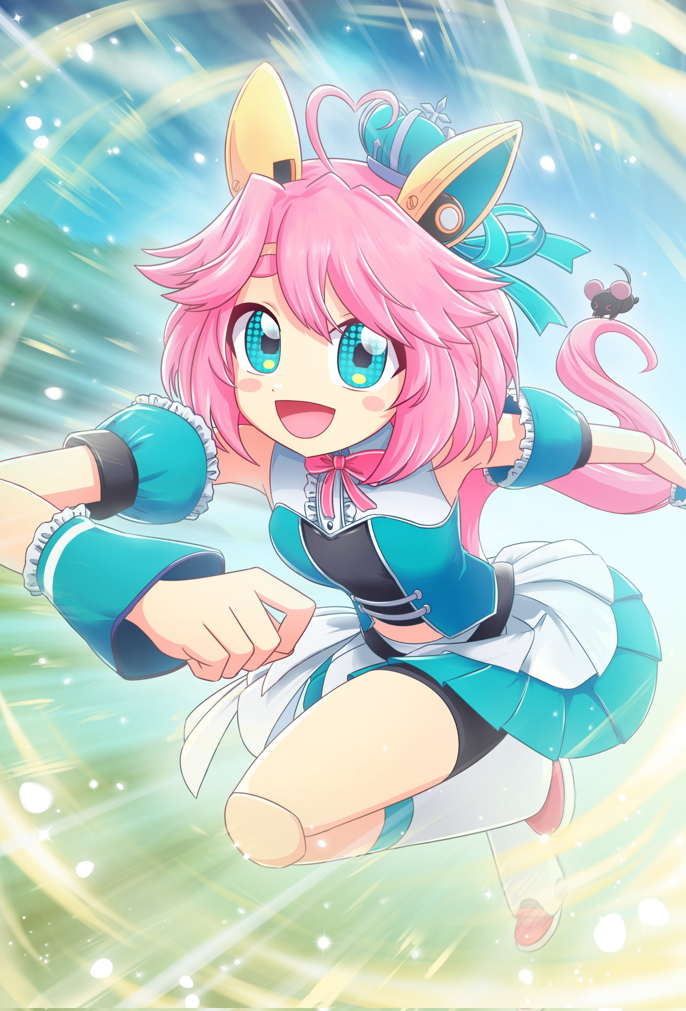 1girl, :d, ahoge, alternate_animal_ears, alternate_costume, android, animal_ears, aqua_crown