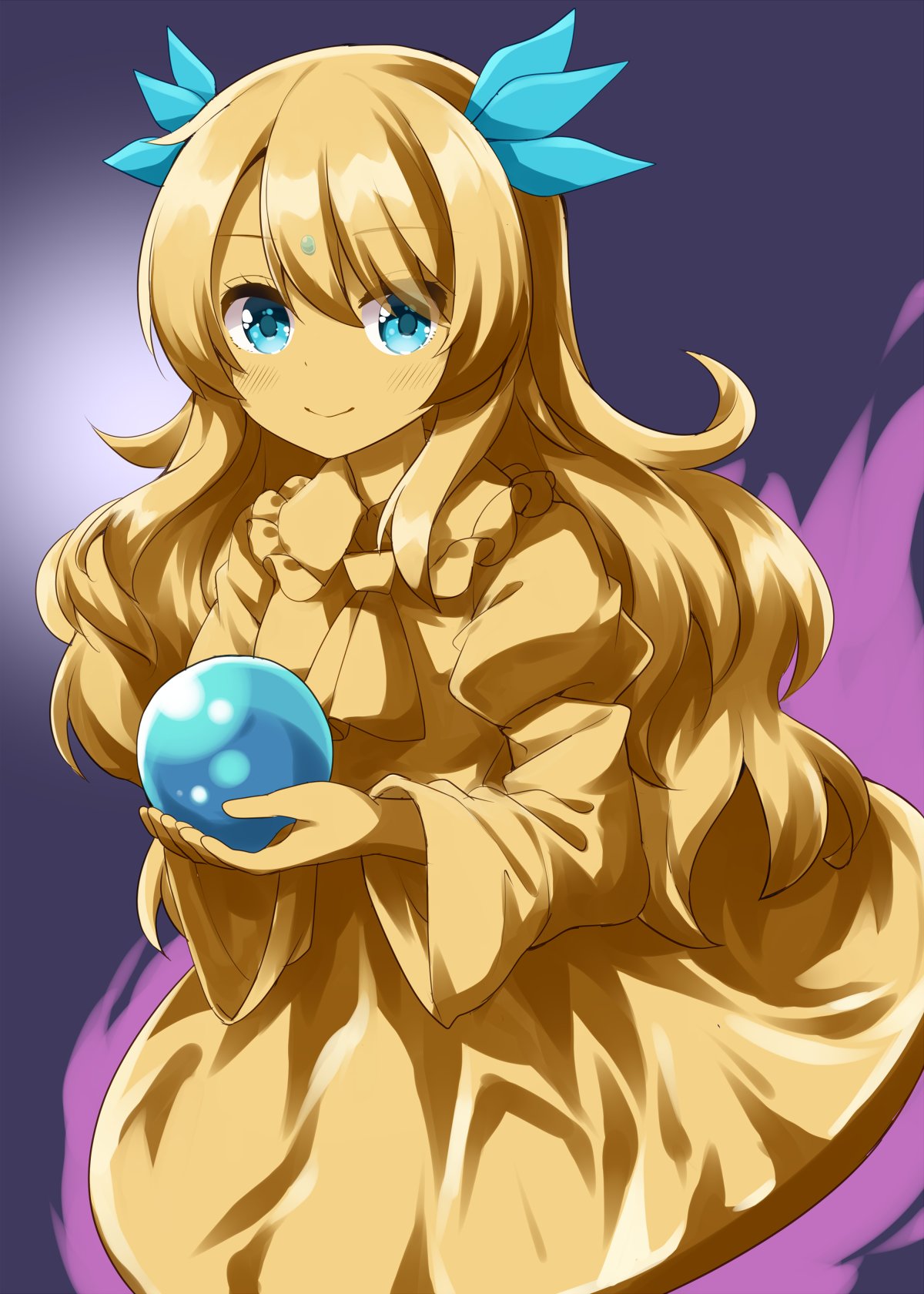 1girl, ascot, blue_eyes, blush, closed_mouth, collared_dress, commentary, dress