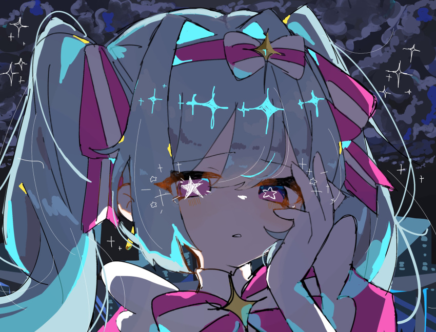 1girl, aqua_hair, blush, bow, commentary_request, dress, gloves, hair_between_eyes