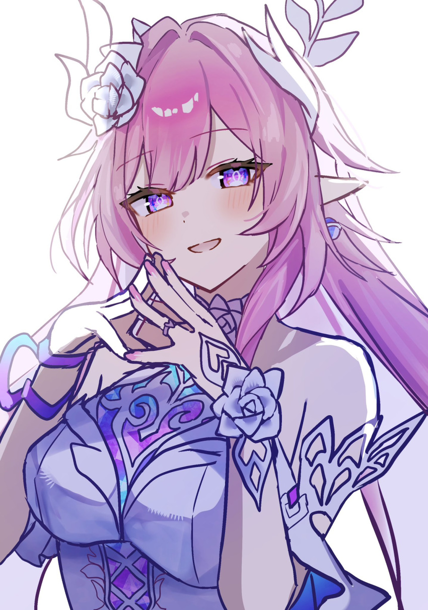 1girl, bare_shoulders, blush, breasts, commentary, cyrene_(demiurge)_(honkai:_star_rail), cyrene_(honkai:_star_rail), english_commentary, fingernails, flower, h2o_omizu, hair_flower, hair_ornament, highres, honkai:_star_rail, honkai_(series), large_breasts, long_fingernails, long_hair, looking_at_viewer, nail_polish, open_mouth, pink_hair, pink_nails, simple_background, smile, solo, steepled_fingers, upper_body, violet_eyes, white_background, white_flower