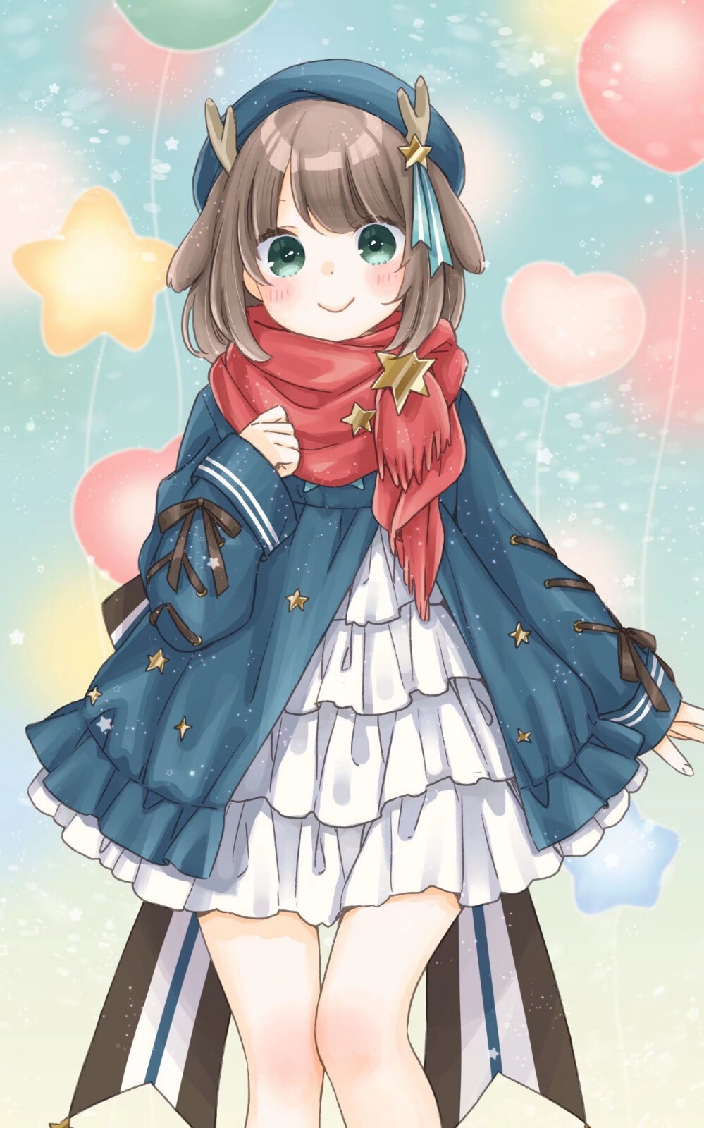 1girl, antlers, balloon, beret, blue_coat, blush, brown_hair, coat, dress, frilled_dress, frills, gradient_background, green_eyes, hand_up, hat, heart_balloon, highres, horns, indie_utaite, kano_(utaite), layered_dress, looking_at_viewer, mizutamako, puffy_sleeves, red_scarf, scarf, short_hair, smile, solo, star_(symbol), star_balloon, star_ornament, star_print, white_dress