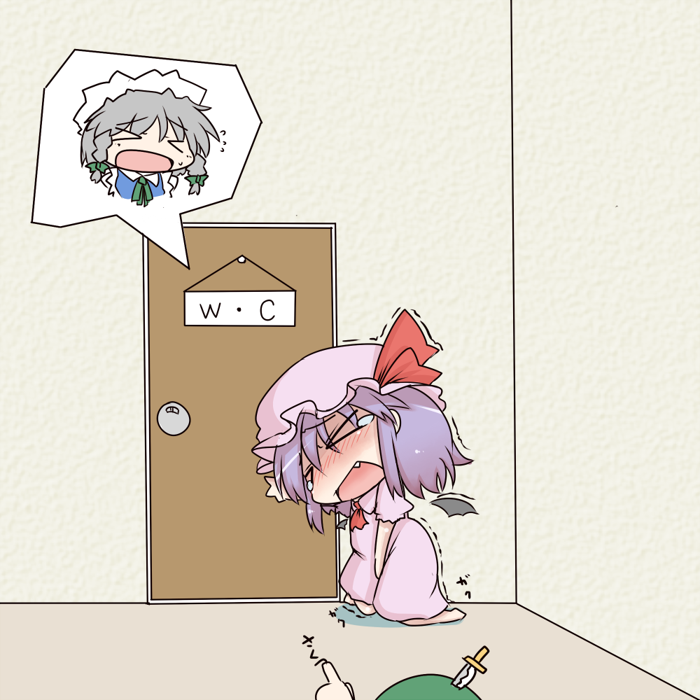 >_<, ascot, bat_wings, between_legs, blush, braid, chibi, closed_eyes