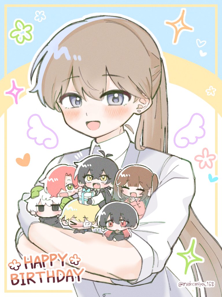 >_<, 1girl, 6+boys, :d, antenna_hair, black_eyes, black_hair, blonde_hair, blush, brown_hair, cardigan, closed_eyes, collared_shirt, crossed_arms, drawn_wings, dress_shirt, earrings, everyone, gift, gloves, green_eyes, green_sweater, grey_eyes, grey_gloves, grey_necktie, grey_vest, happy_birthday, holding, holding_chibi, holding_gift, jewelry, jitome, long_hair, looking_at_another, looking_at_viewer, looking_up, mini_person, mitsudomoe_koubou_(series), multicolored_hair, multiple_boys, necktie, nekomiya_168, no_mouth, oshi_no_taisetsuna_hito_ni_narikawaru, pink_cardigan, ponytail, red_eyes, red_hair, shirt, sleeves_past_fingers, sleeves_past_wrists, sleeves_rolled_up, smile, stud_earrings, sweater, twintails, two-tone_hair, upper_body, very_long_hair, vest, white_hair, white_shirt, yellow_eyes