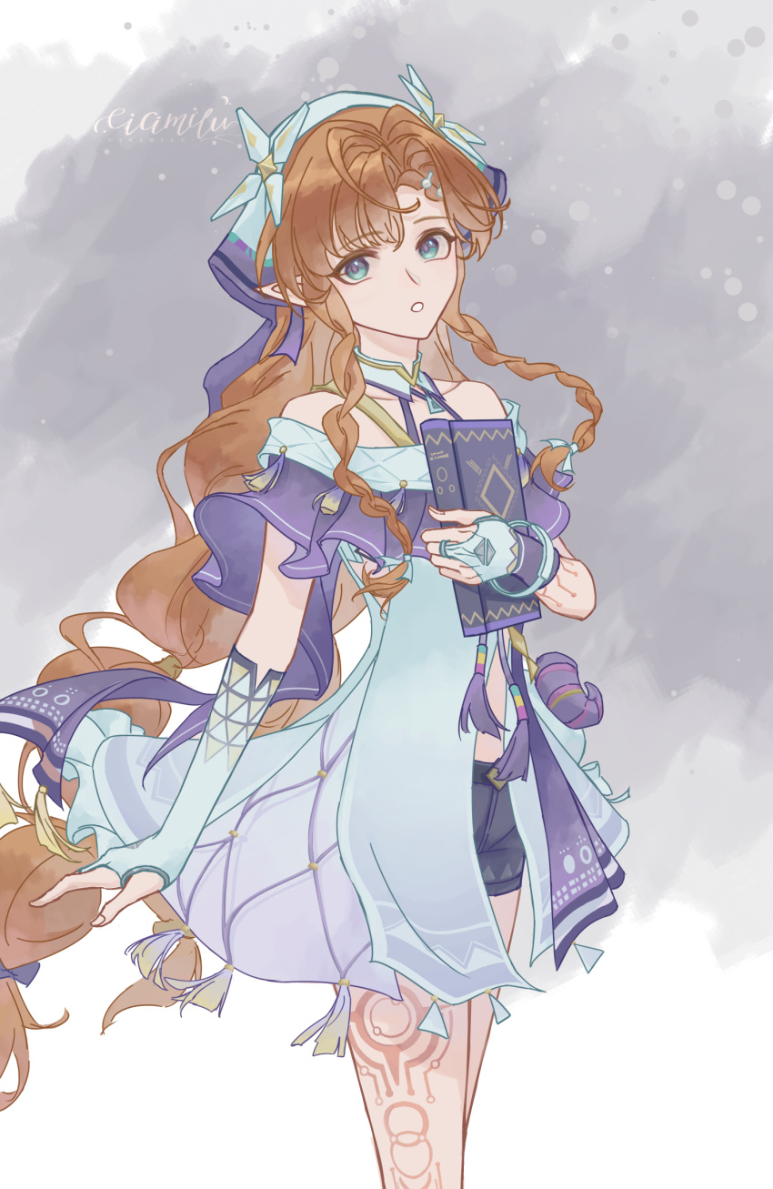 1girl, bare_shoulders, black_shorts, body_markings, book, braid, braided_bangs, bridal_gauntlets
