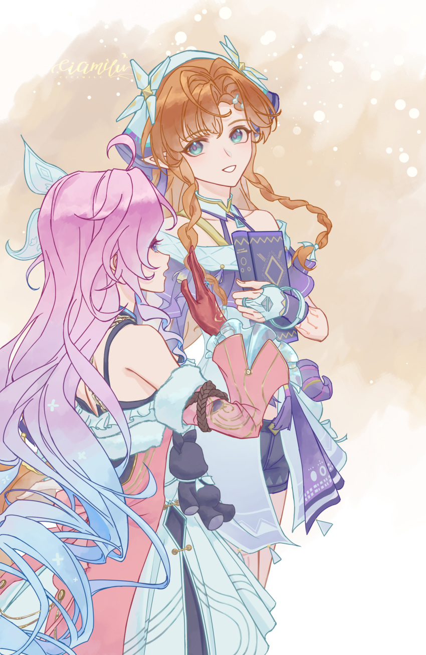 2girls, bare_shoulders, black_shorts, body_markings, book, braid, braided_bangs, bridal_gauntlets