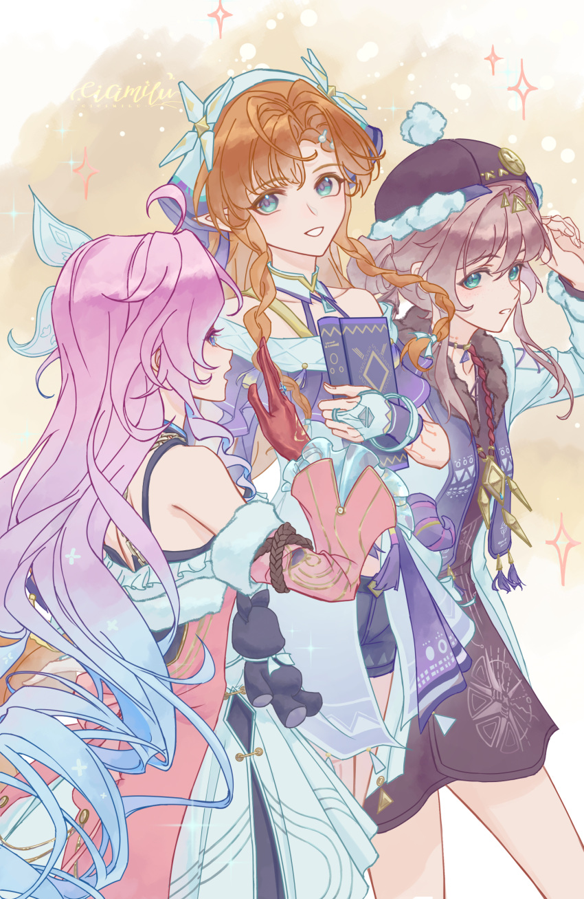 3girls, bare_shoulders, black_dress, black_hat, black_shorts, body_markings, book, braid